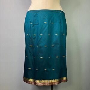 Amanda Smith Peacock Blue Gold Embroidered Trim Straight Lightweight Skirt Sz XL
